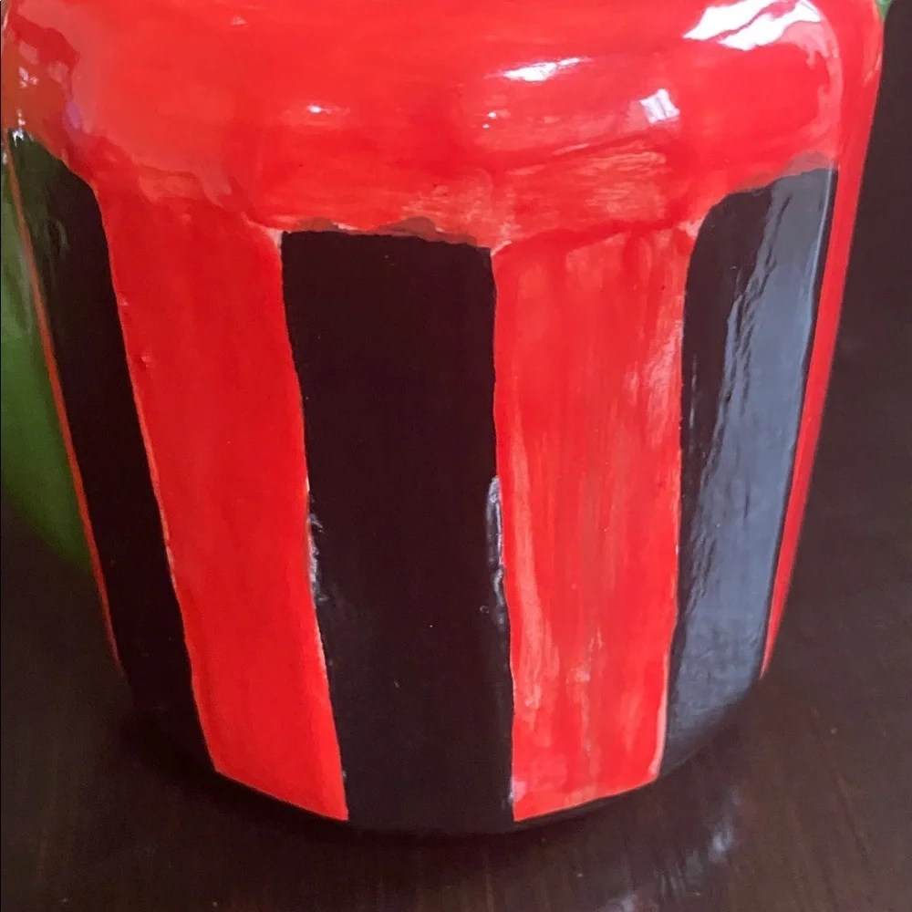 Whimsical Red and Green Ceramic Handpainted Teapot with Bamboo Handle.
